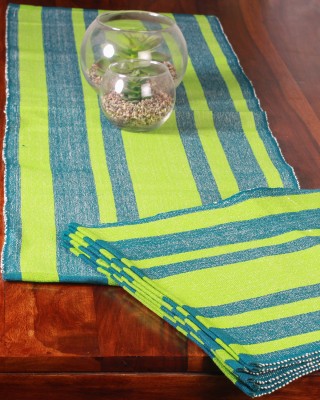 Handwoven Blue and Green Cotton Runner and Mat