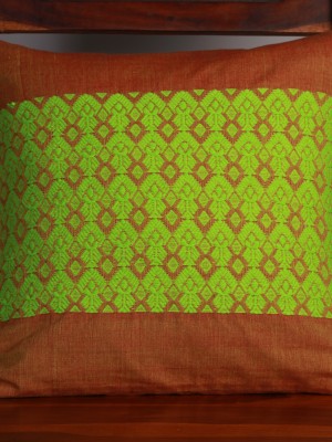 Handwoven Brown and Green Cotton Cushion Cover | 16x16 Inch