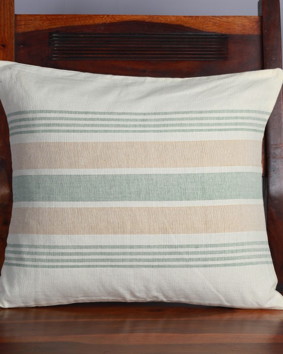 Handwoven Off White and Green Cotton Cushion Cover | 16x16 Inch