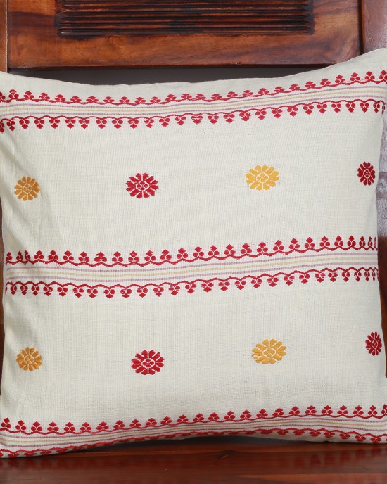 Handwoven Off White Cotton Cushion Cover | 16x16 Inch