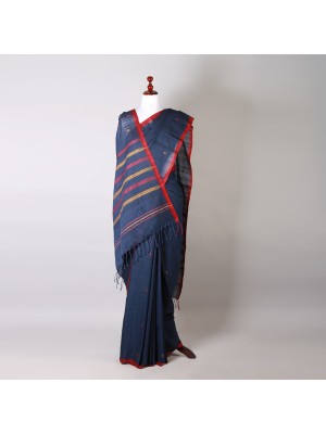 Handwoven Navy Blue Cotton Saree