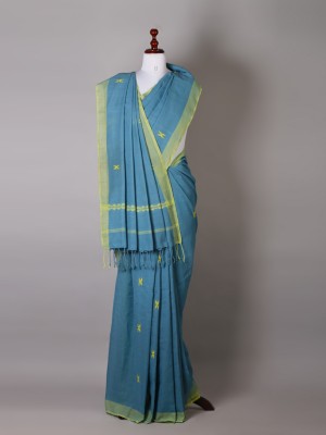 Handwoven Azure Blue Cotton Saree