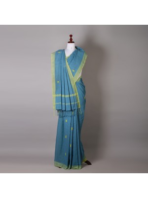 Handwoven Azure Blue Cotton Saree