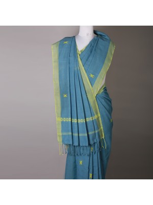 Handwoven Azure Blue Cotton Saree