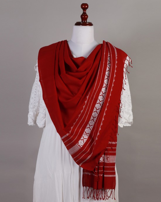 Handwoven Cotton Maroon and White Stole