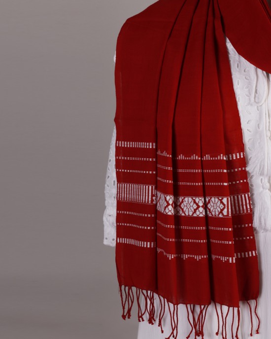 Handwoven Cotton Maroon and White Stole