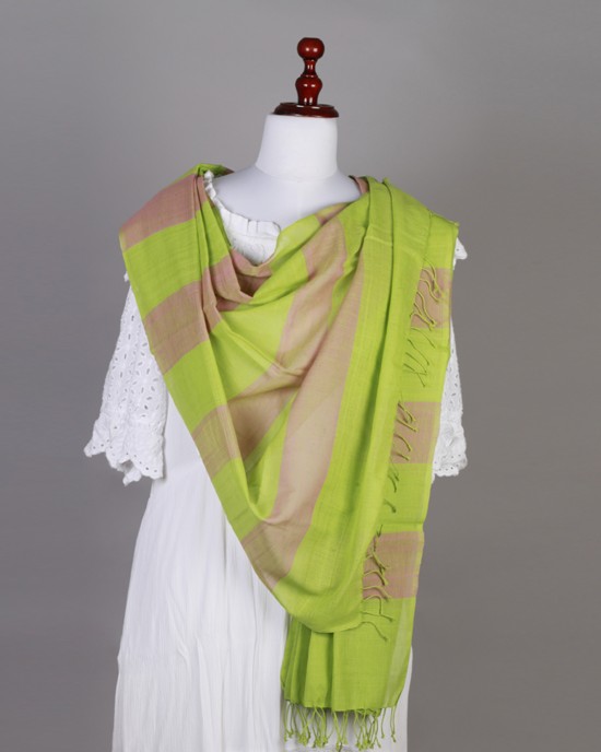  Handwoven Cotton Green Pink Stole