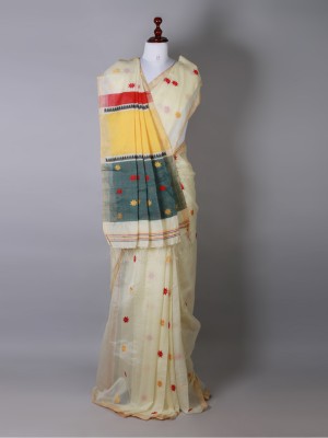 Off White and Bottle Green Silk Saree