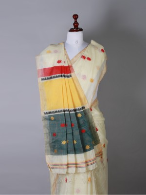 Off White and Bottle Green Silk Saree