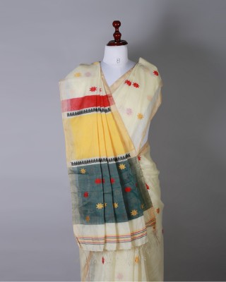 Off White and Bottle Green Silk Saree