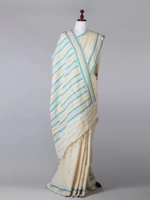 White and Blue With Muga Ghisa Silk Saree