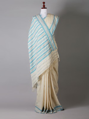 White and Blue With Muga Ghisa Silk Saree