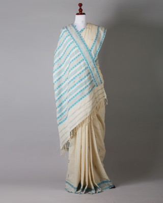White and Blue With Muga Ghisa Silk Saree