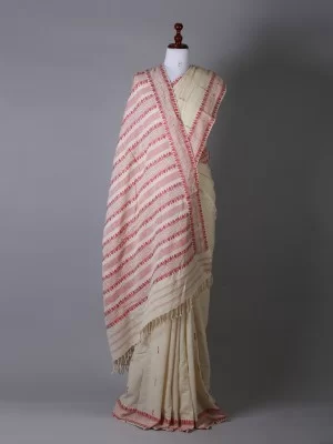 White and Red With Muga Ghisa Silk Saree