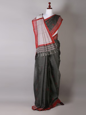Dark Grey and Red Silk Saree