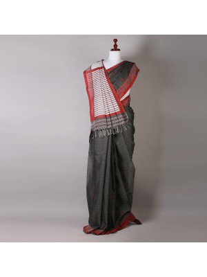 Dark Grey and Red Silk Saree
