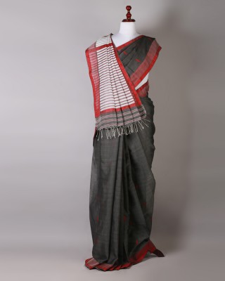 Dark Grey and Red Silk Saree