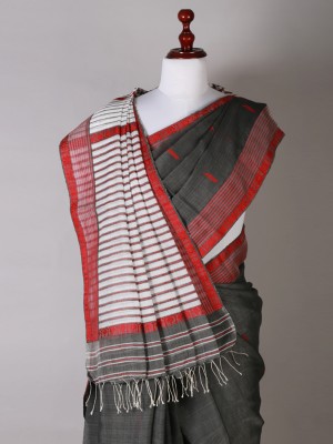 Dark Grey and Red Silk Saree Dark Grey and Red Silk Saree