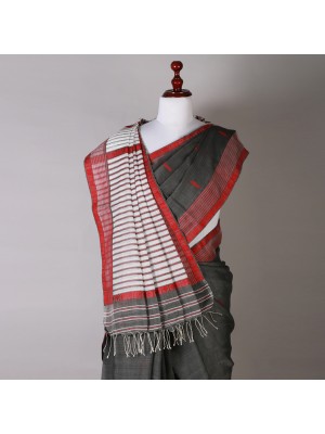 Dark Grey and Red Silk Saree Dark Grey and Red Silk Saree