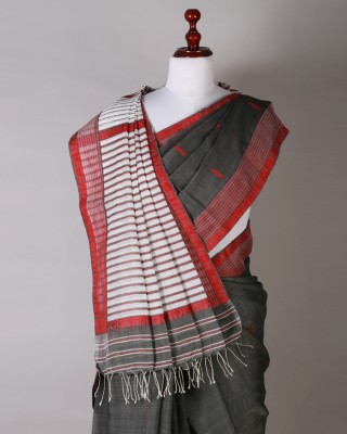 Dark Grey and Red Silk Saree
