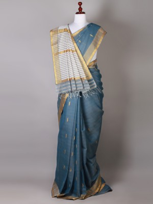 Stone Blue and Golden Silk Saree