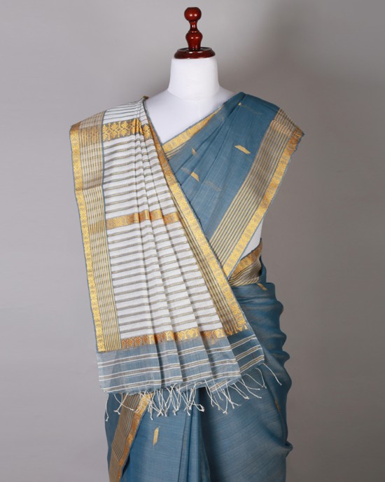 Stone Blue and Golden Silk Saree