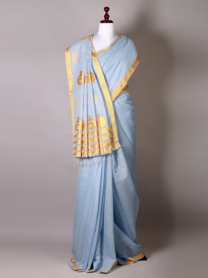 Sky Blue and Golden Silk Saree