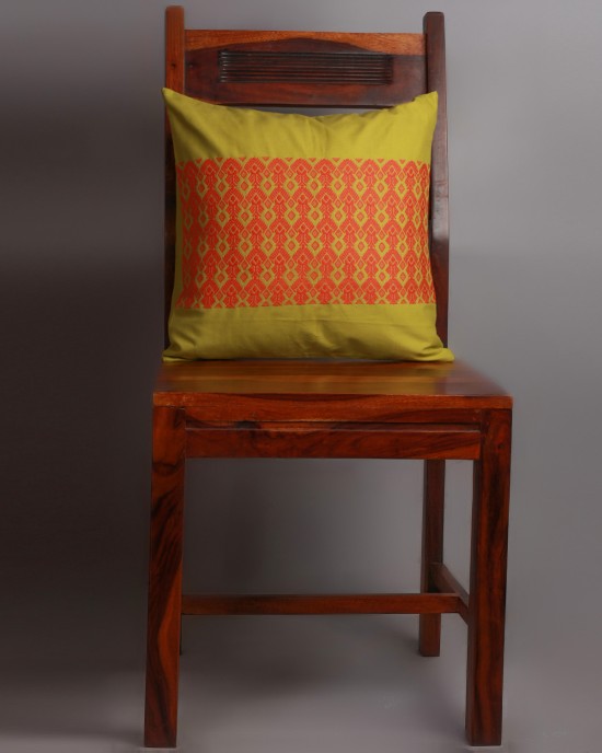 Handwoven Green and Orange Cotton Cushion Cover | 16x16 Inch