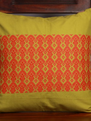 Handwoven Green and Orange Cotton Cushion Cover | 16x16 Inch